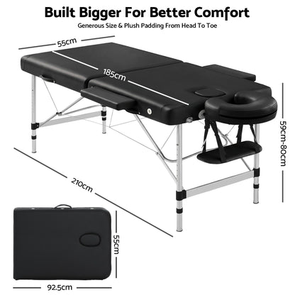 Zenses Massage Table 55cm Portable 2 Fold Aluminium Beauty Bed Black