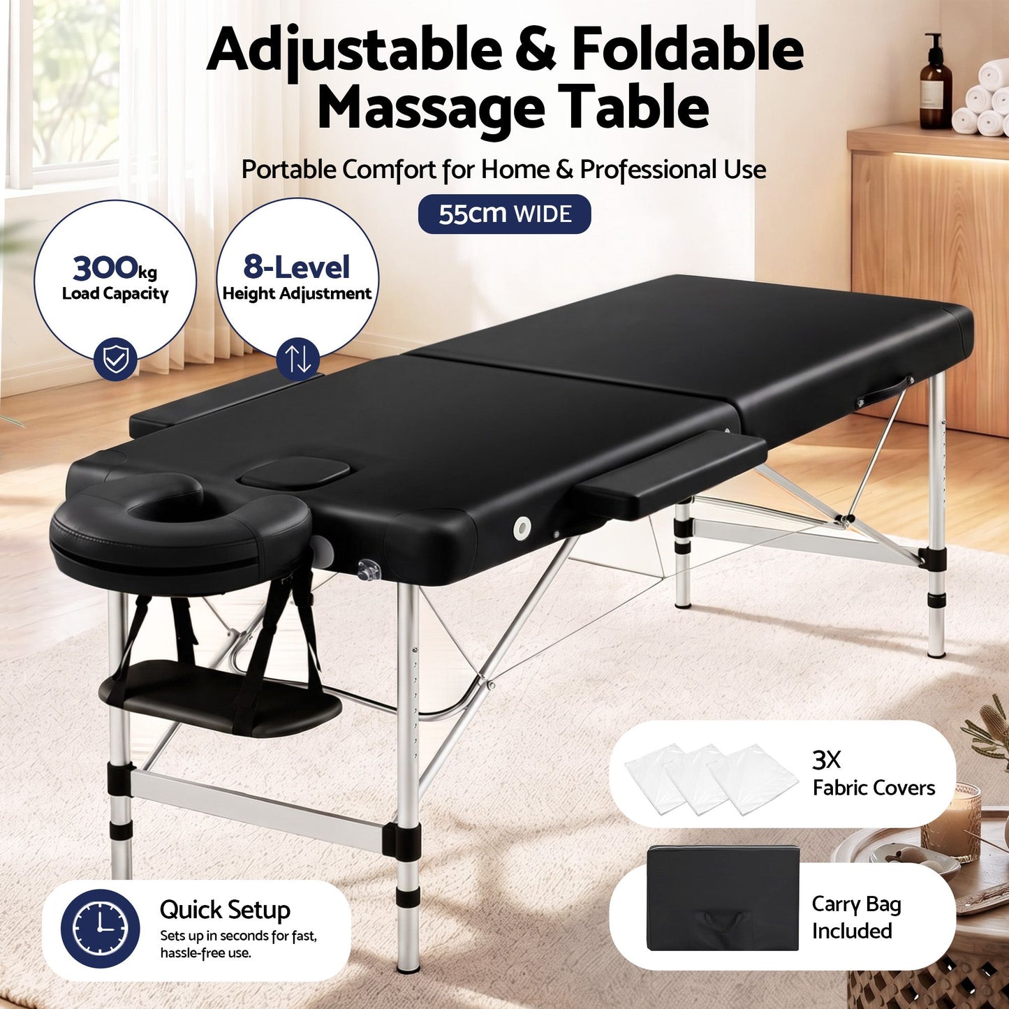 Zenses Massage Table 55cm Portable 2 Fold Aluminium Beauty Bed Black