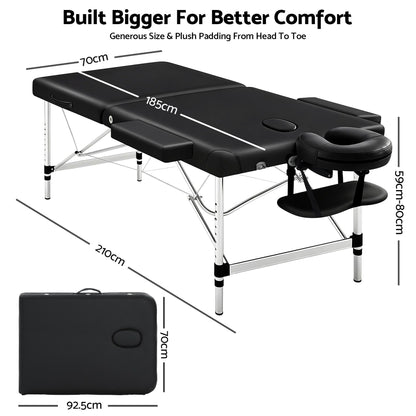 Zenses Massage Table 70cm Portable 2 Fold Aluminium Beauty Bed Black