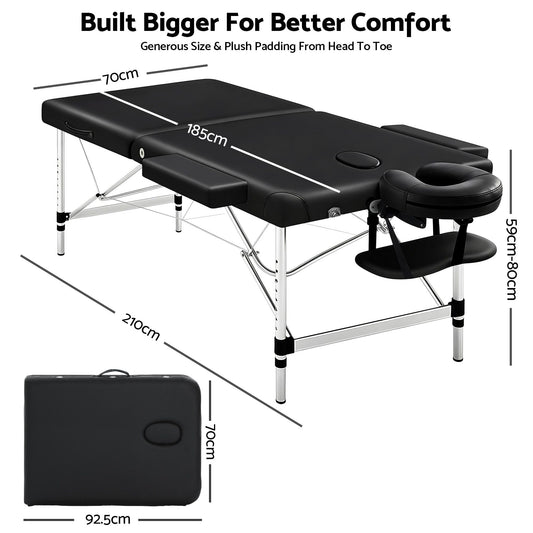 Zenses Massage Table 70cm Portable 2 Fold Aluminium Beauty Bed Black