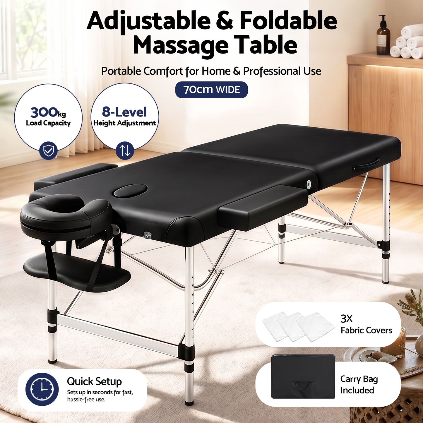 Zenses Massage Table 70cm Portable 2 Fold Aluminium Beauty Bed Black