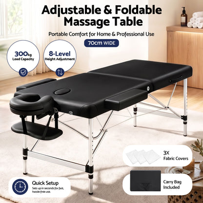 Zenses Massage Table 70cm Portable 2 Fold Aluminium Beauty Bed Black