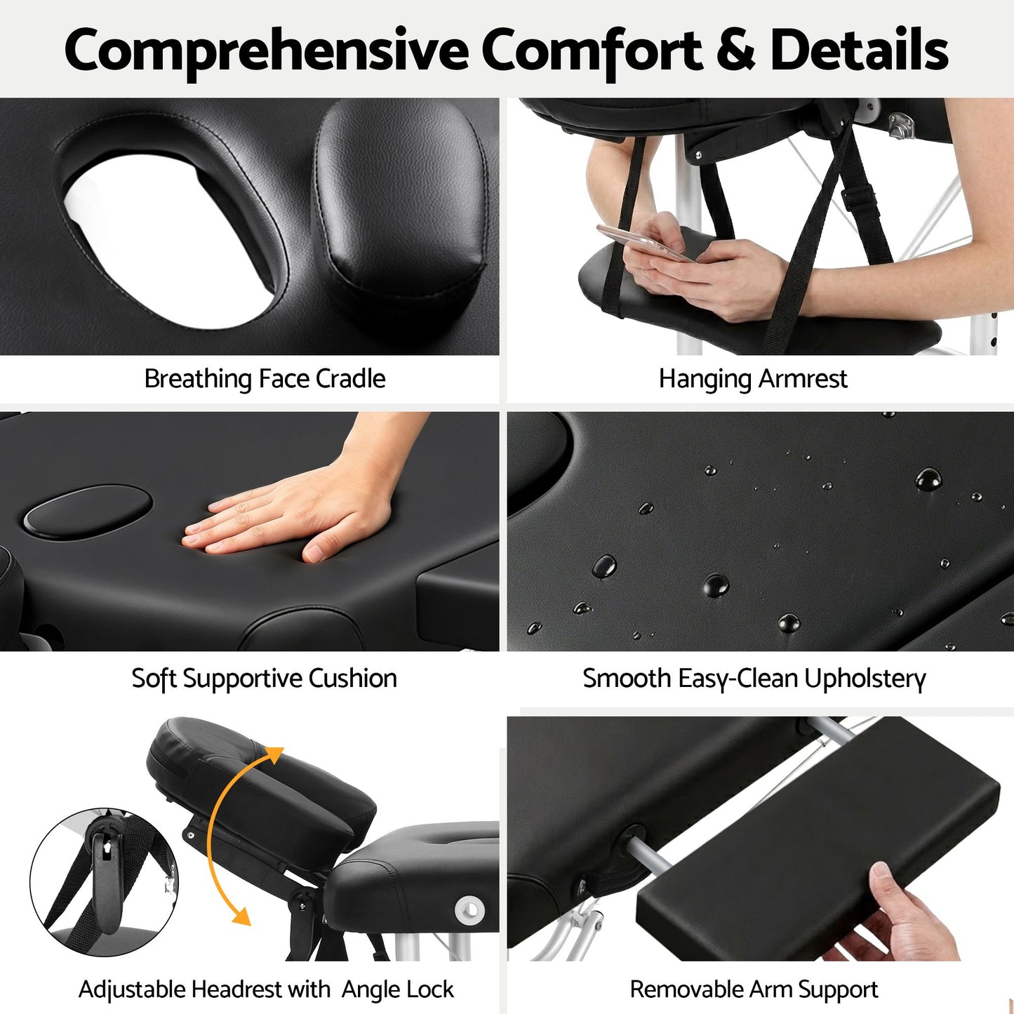 Zenses Massage Table 70cm Portable 2 Fold Aluminium Beauty Bed Black