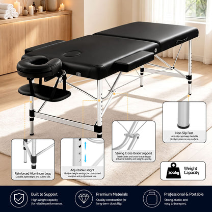 Zenses Massage Table 70cm Portable 2 Fold Aluminium Beauty Bed Black