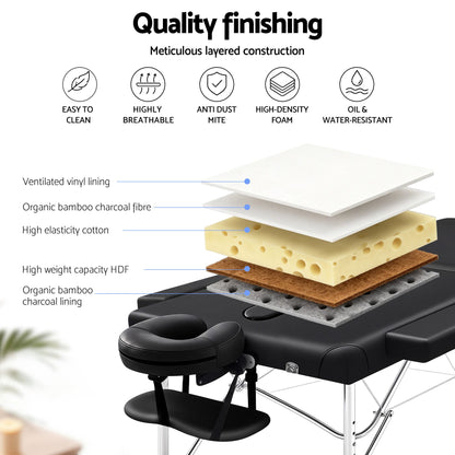 Zenses Massage Table 70cm Portable 2 Fold Aluminium Beauty Bed Black