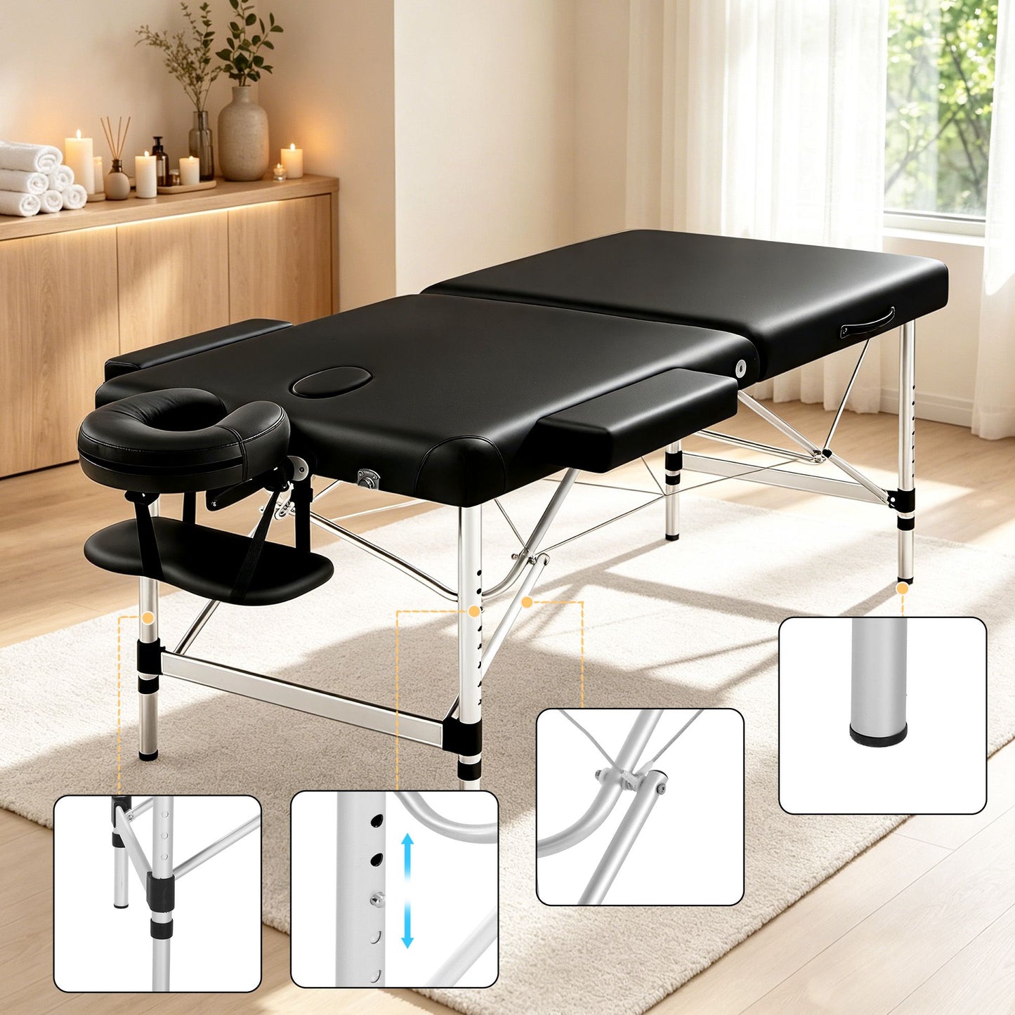 Zenses Massage Table 75cm Portable 2 Fold Aluminium Beauty Bed Black