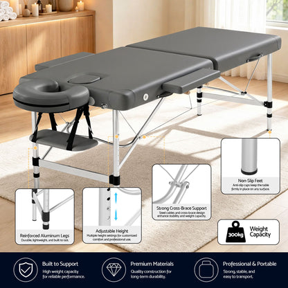 Zenses Massage Table 55cm Portable 2 Fold Aluminium Beauty Bed Grey