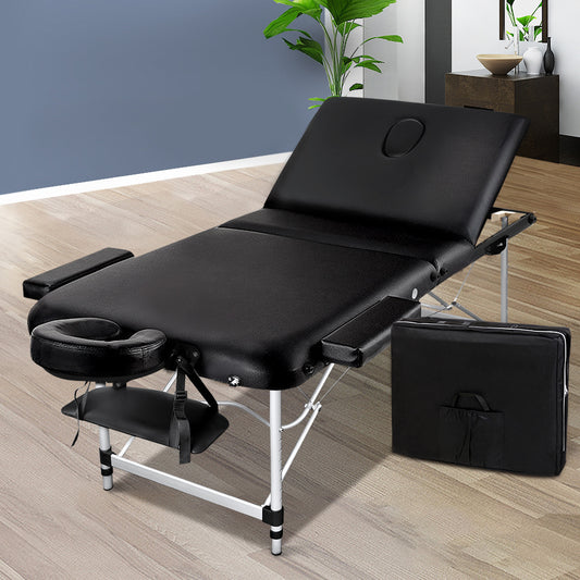 Zenses Massage Table 75cm Portable 3 Fold Aluminium Beauty Bed Black